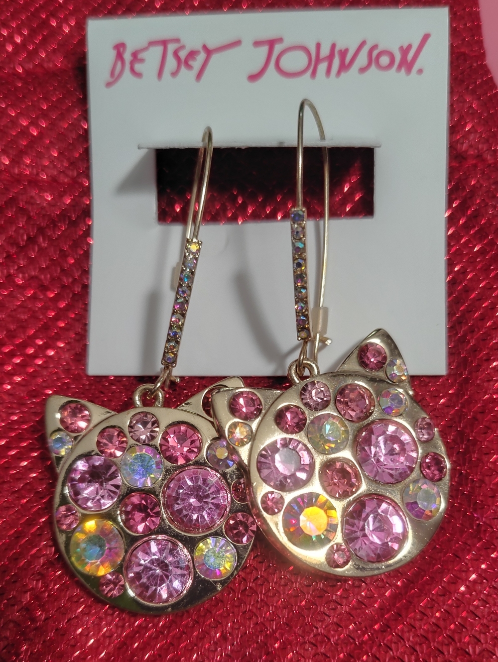 Betsey Johnson Gold-Tone Pink Crystal Cat Dangle Earrings